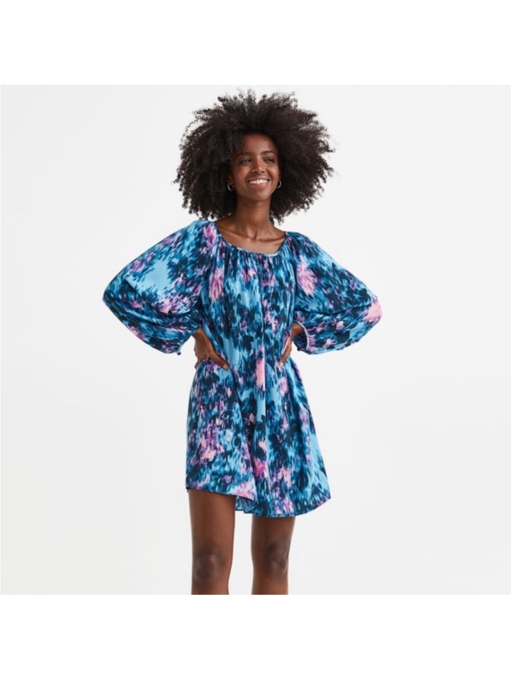 Blue & Pink Abstract Print Balloon Sleeve Mini Relaxed Fit Linen Look Dress M